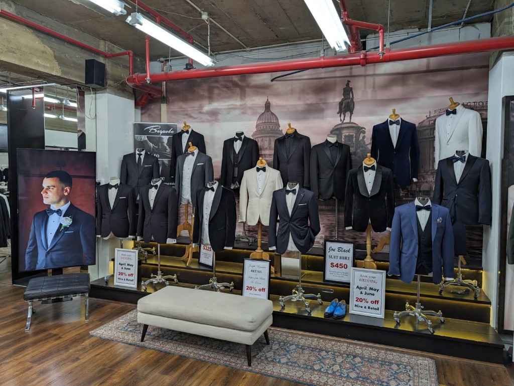 Formal suit and tuxedo hire display at Joseph Uzumcu Adelaide
